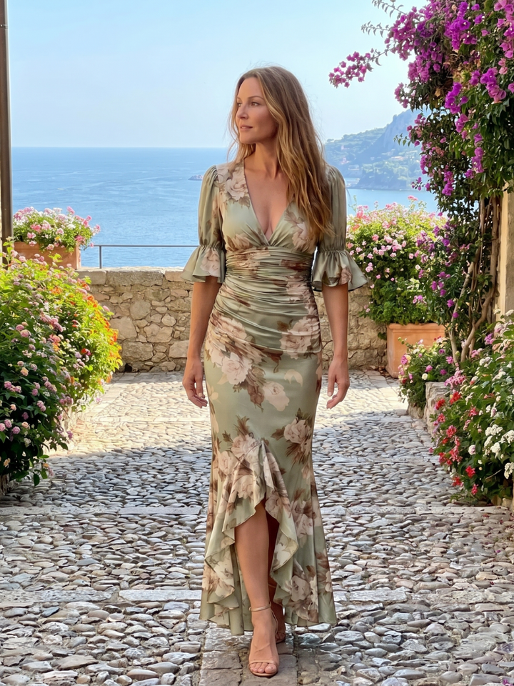 Palm | Midi Dress with Short Sleeves and V-Neck, Featuring a Ruched Waist