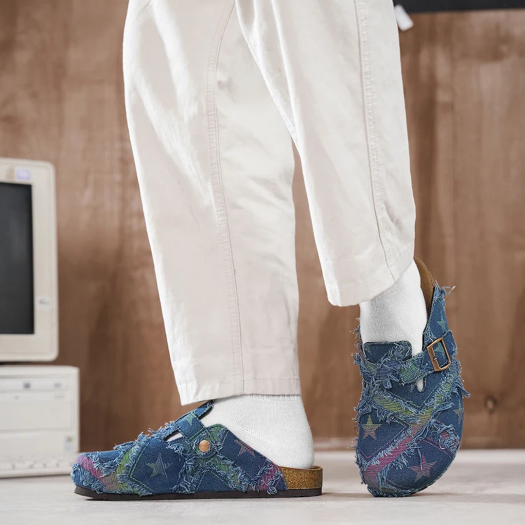 Cosmic Distressed Denim Mules