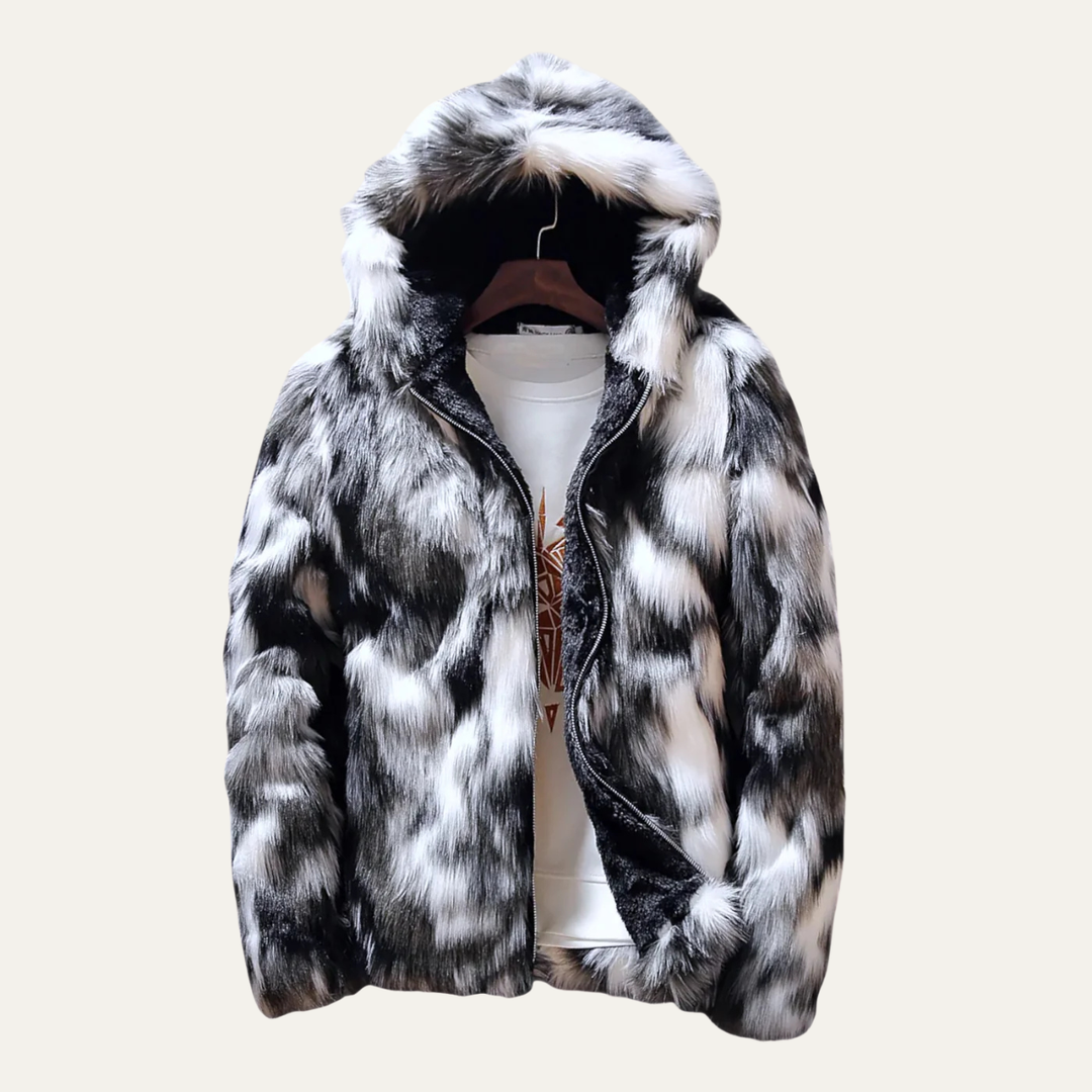 Men's Jacket - Faux Fur Zip Up with Shaggy Multi-Tone Print and Fleece Lined Interior