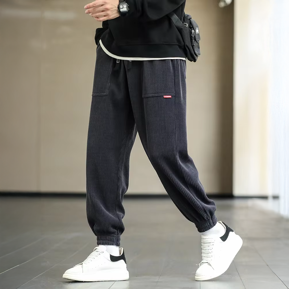 Men's Cargo Pants - Ribbed Jogger with Elasticated Waist - Patch Pockets and Cuffed Ankles