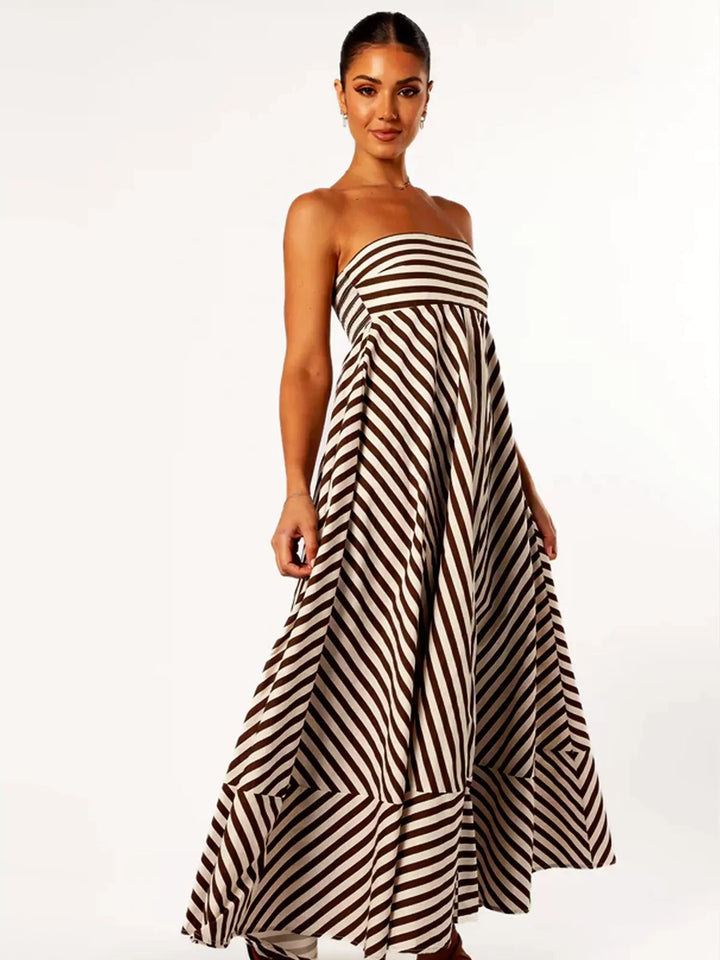 Women's Brown Strapless Maxi Dress - Stripe Print Full Skirt