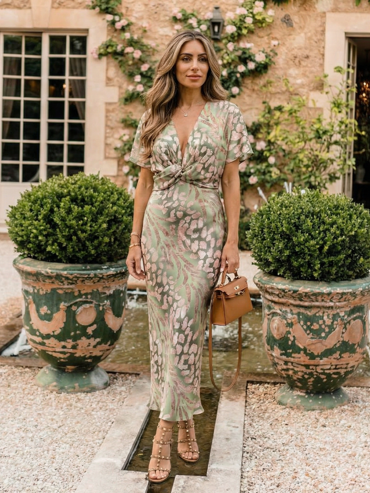 Stella & Grace™ | Abstract V-Neck Midi Dress with Twist Waist