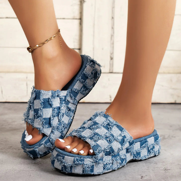 Check Denim Platform Sandal