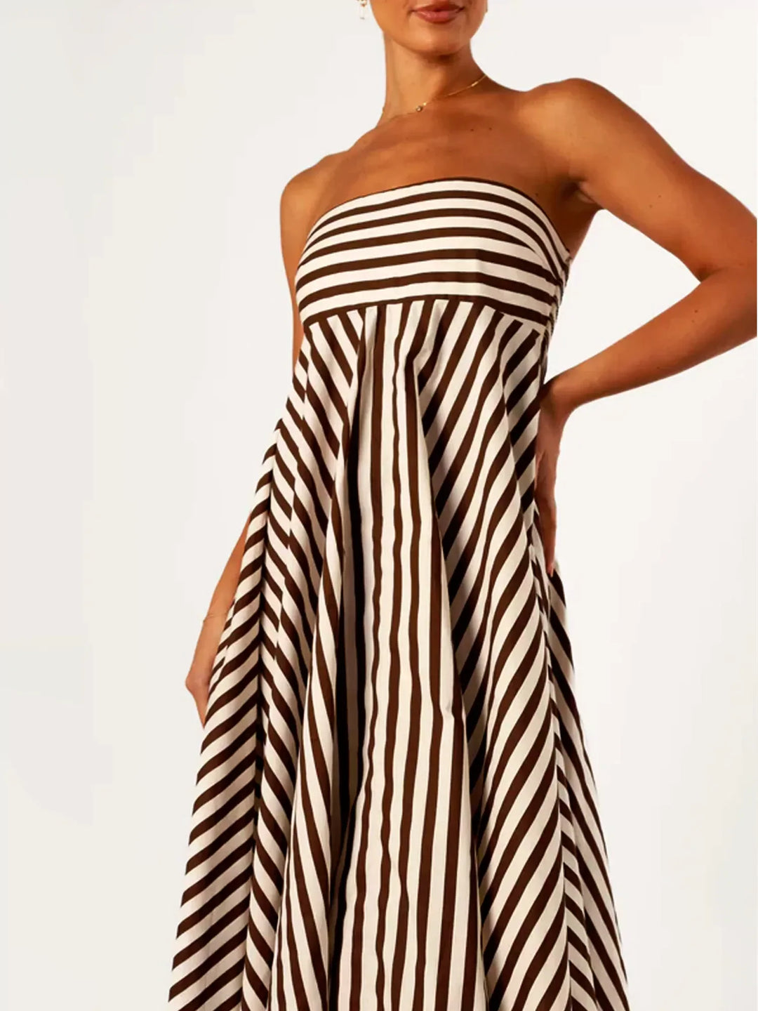 Women's Brown Strapless Maxi Dress - Stripe Print Full Skirt