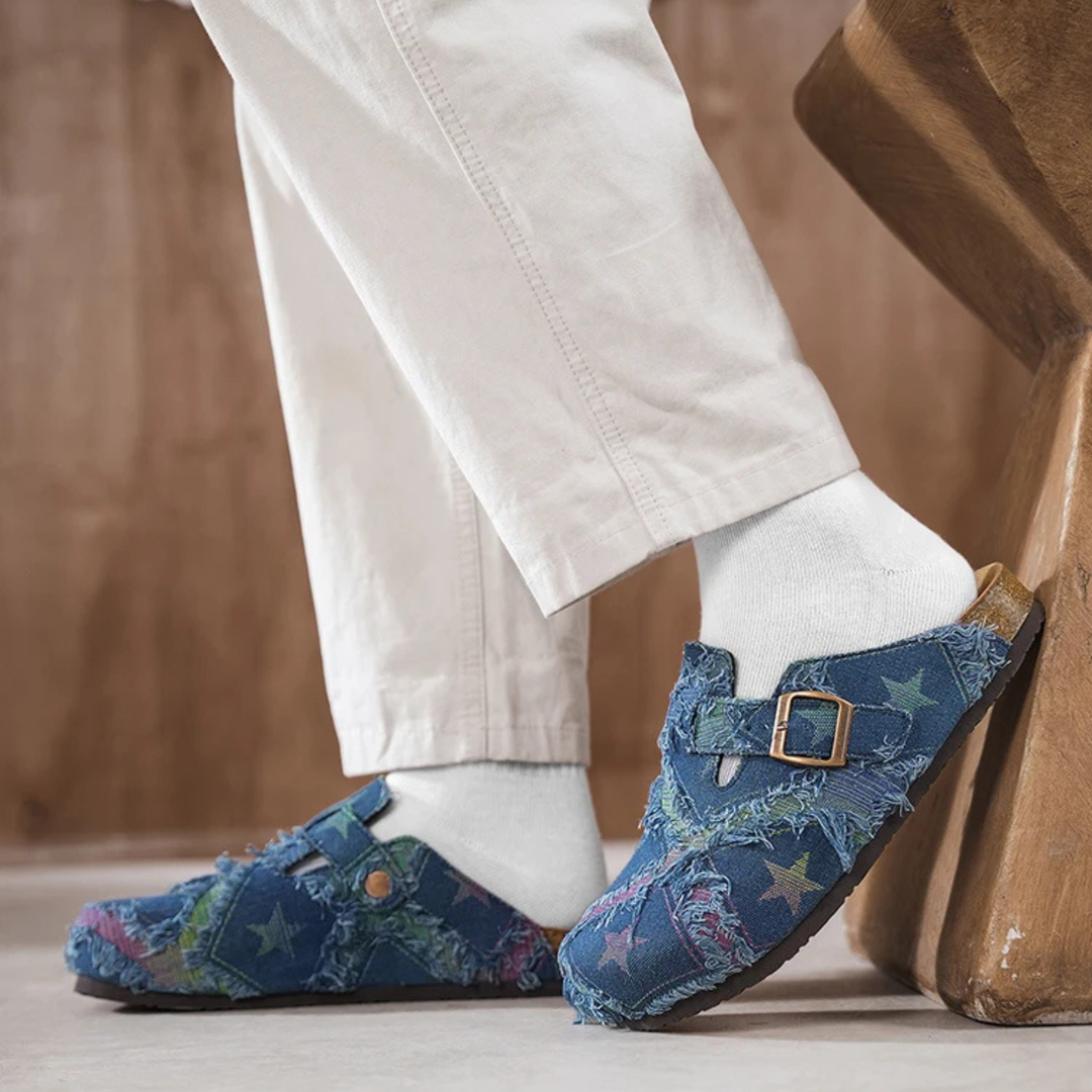 Cosmic Distressed Denim Mules