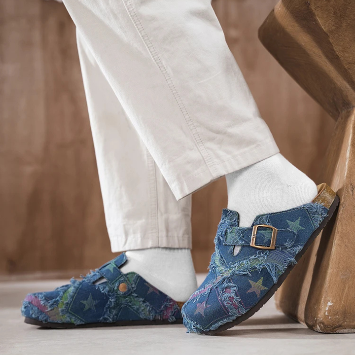 Cosmic Distressed Denim Mules