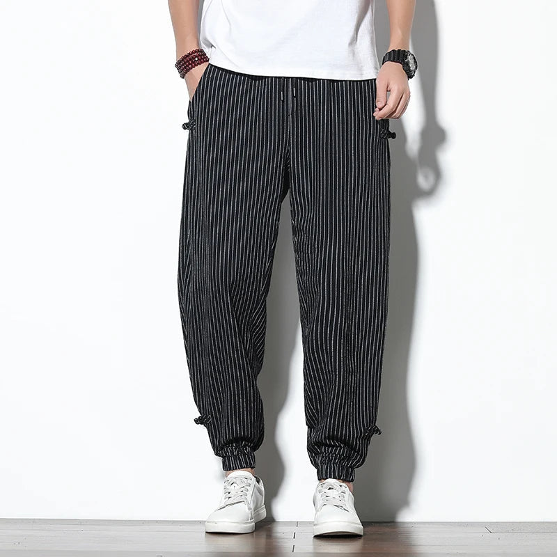 Men's Linen Stripe Harem Pants - Elasticated Waist - Cuffed Hem