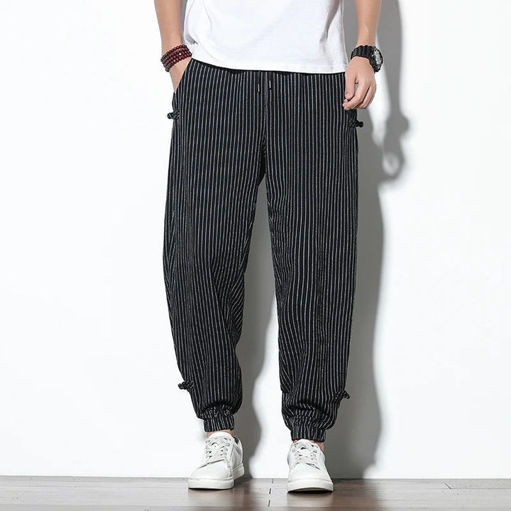 Men's Linen Stripe Harem Pants - Elasticated Waist - Cuffed Hem