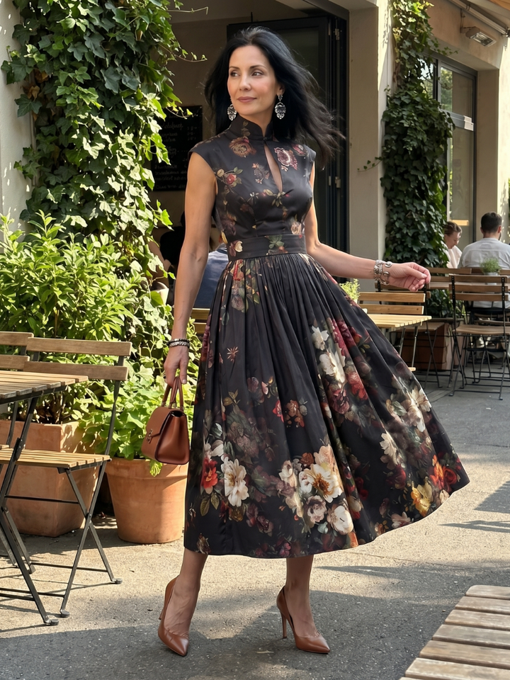 Greta | Floral Pleated Midi Dress with High Neck and Keyhole Detail