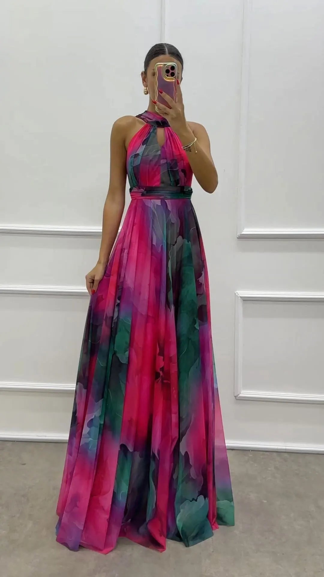 Women's Tulle Floral Print Cutout Halter Maxi Dress - Tie Neck