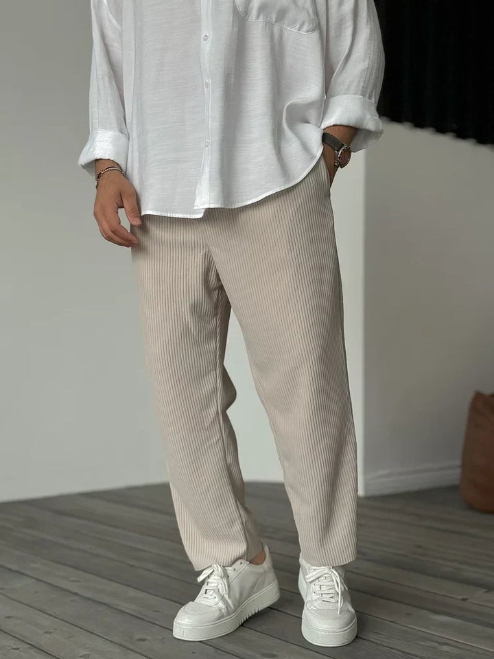 Men's Ribbed Straight Leg Pants - Elasticated Waist - Smart Casual