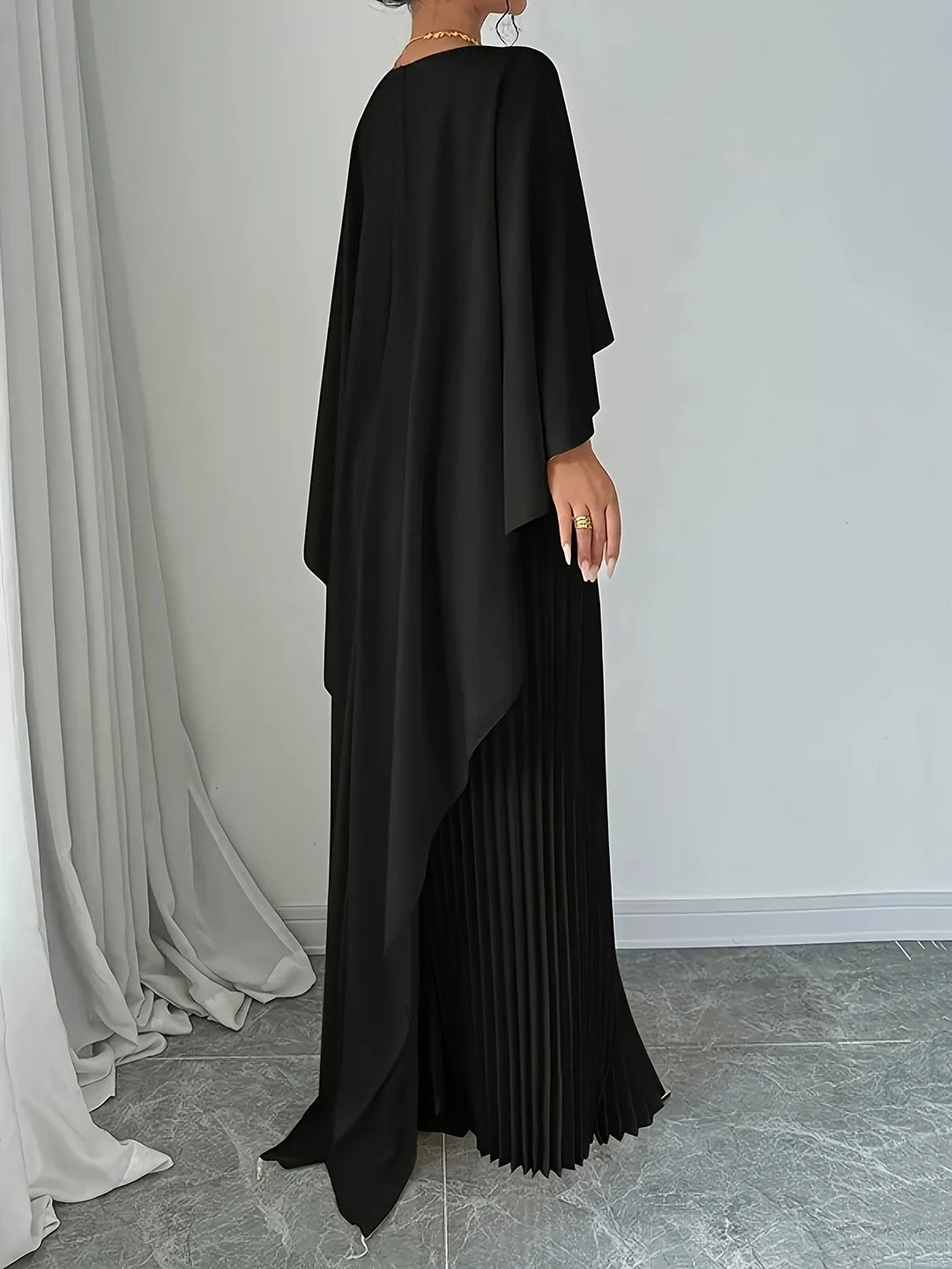 Women's Maxi Dress - Crew Neck - Cape Sleeve - Pleated Skirt