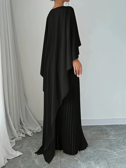 Women's Maxi Dress - Crew Neck - Cape Sleeve - Pleated Skirt