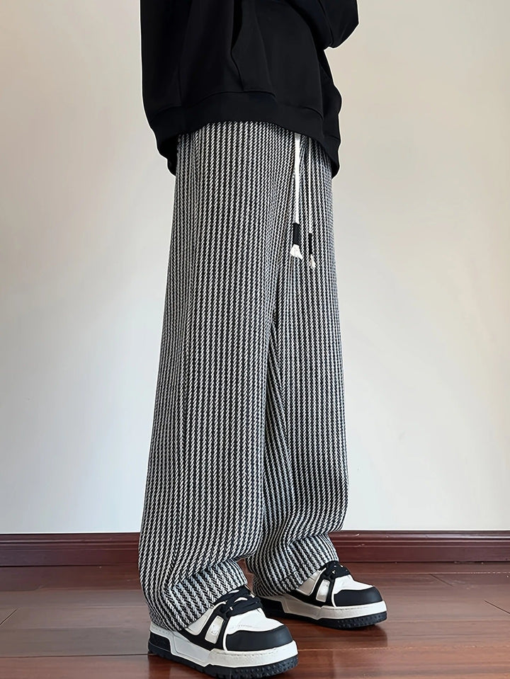Men's Wide Leg Pants - Herringbone Pattern - Drawstring Waist