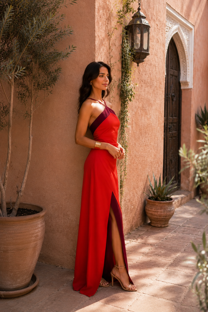 Slit-Detail Long Halter Dress