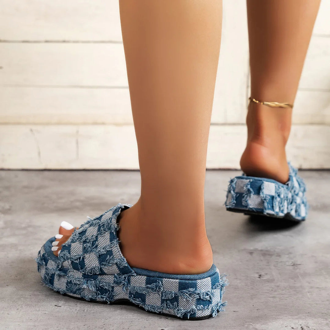 Check Denim Platform Sandal