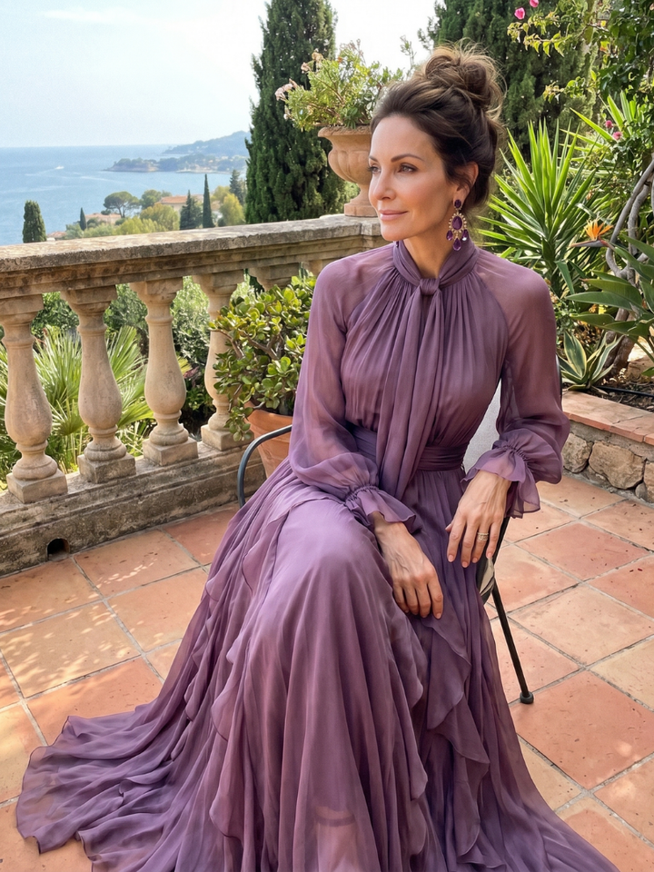 Demetria | Ruffled Tiered Maxi Dress with Tie Neck