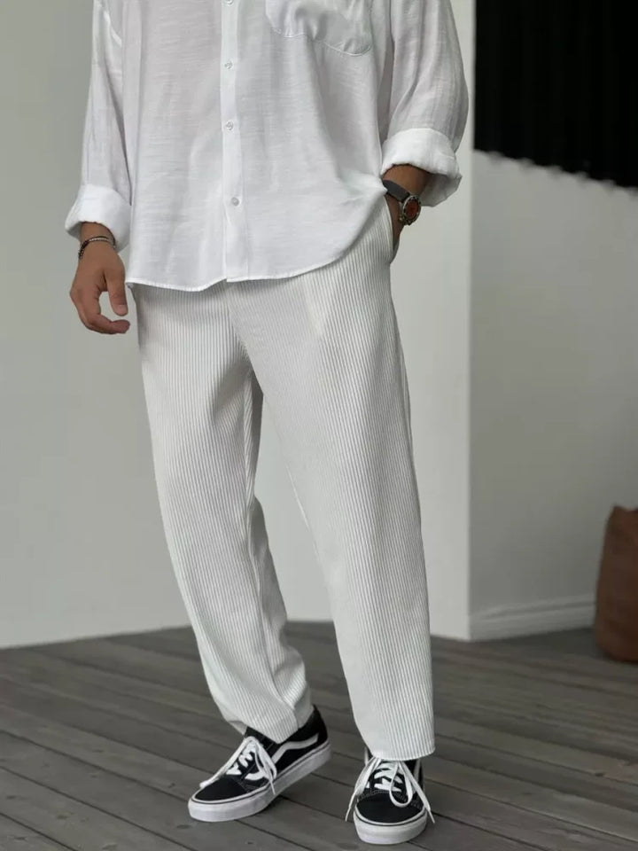 Men's Ribbed Straight Leg Pants - Elasticated Waist - Smart Casual