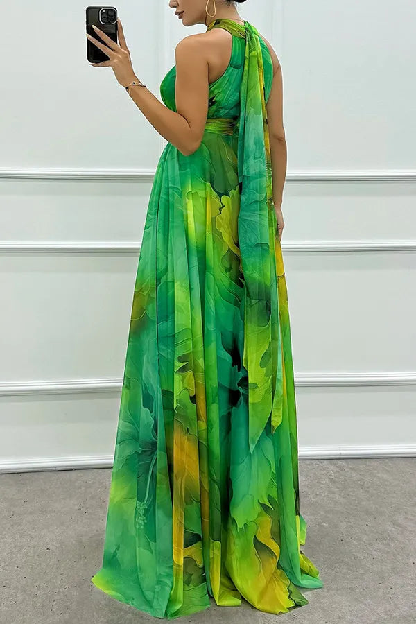 Women's Tulle Floral Print Cutout Halter Maxi Dress - Tie Neck
