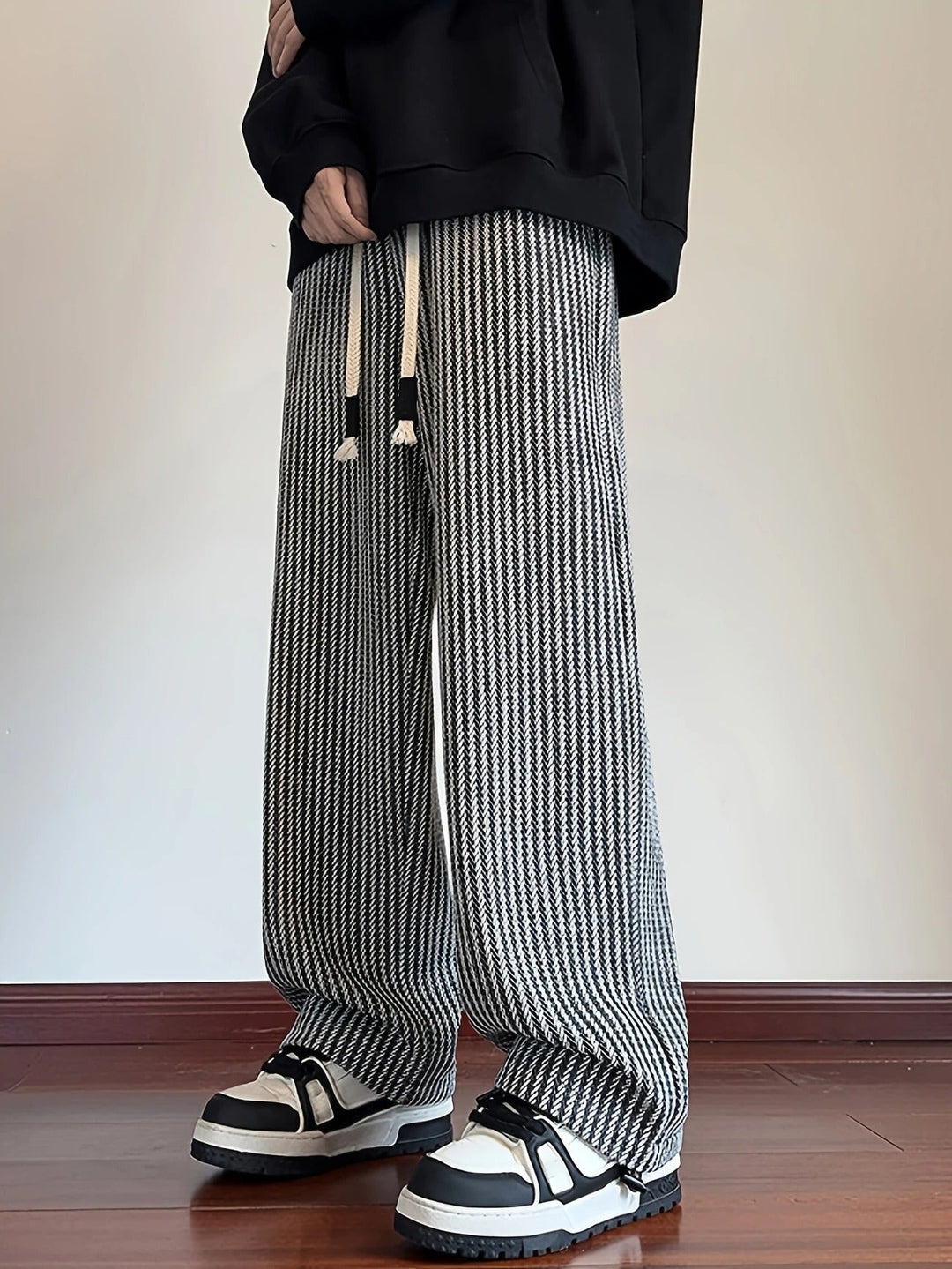 Men's Wide Leg Pants - Herringbone Pattern - Drawstring Waist