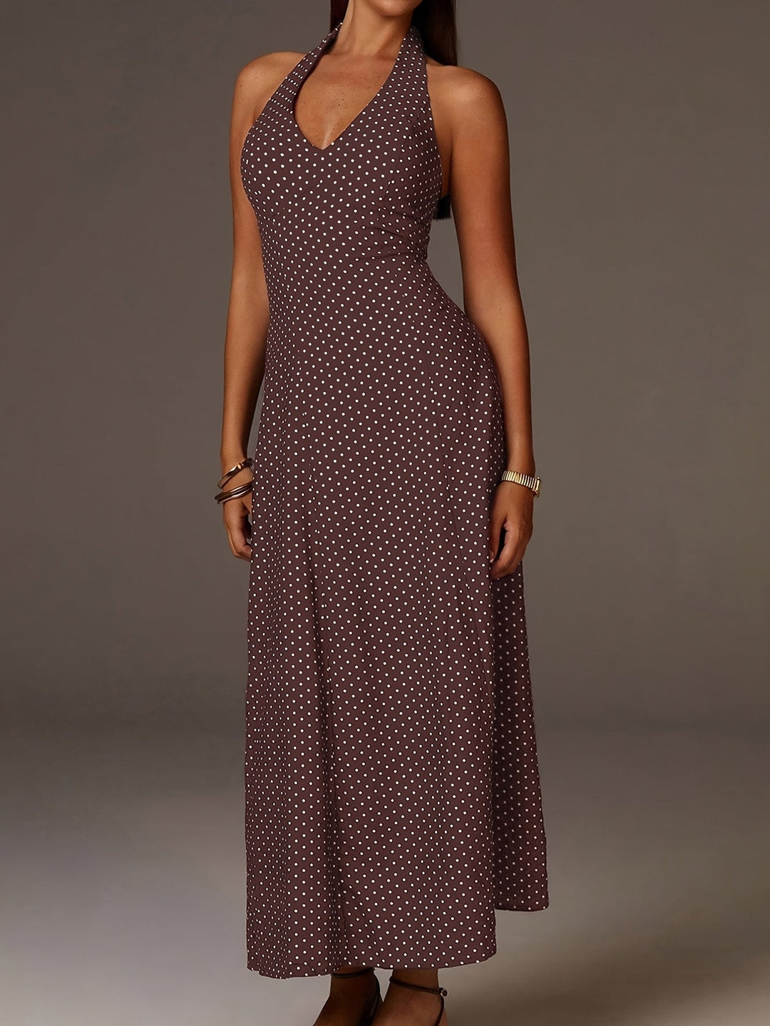 Women's Halter Neck Polka Dot Maxi Dress - Coffee Brown