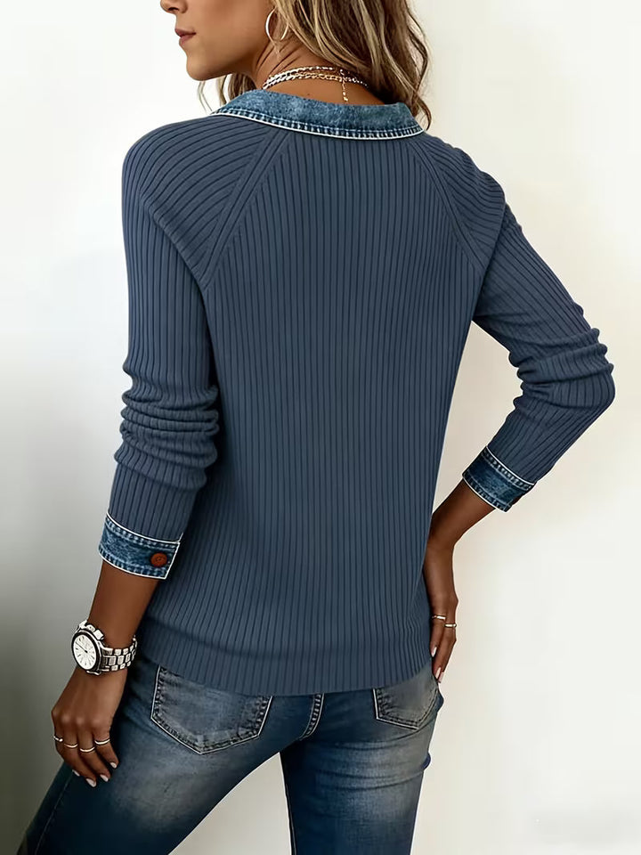 Denim-Edge Ribbed Knit Polo