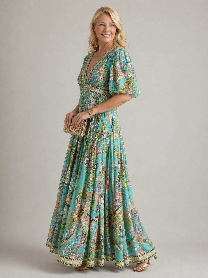 Stella & Grace™ | Flowing Maxi Dress with Puff Sleeves and V-Neck