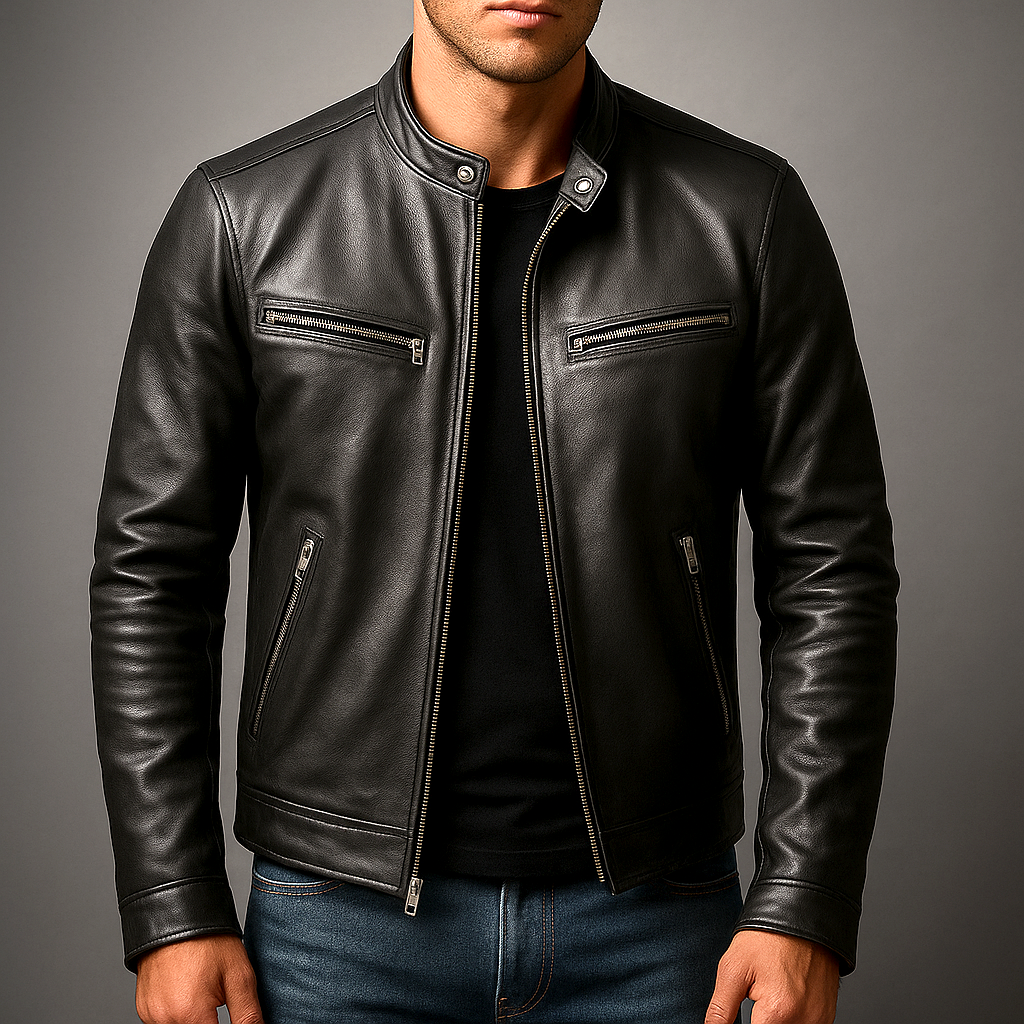 Men's Biker Jacket - Stand Collar - Full Zip - Multi Pocket