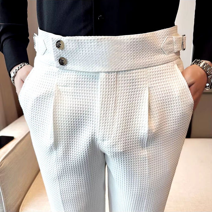 Men's Dress Pants - High Waist Slim Fit with Double Button Closure - Pleated Front
