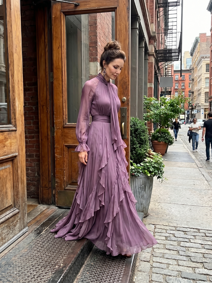 Demetria | Ruffled Tiered Maxi Dress with Tie Neck