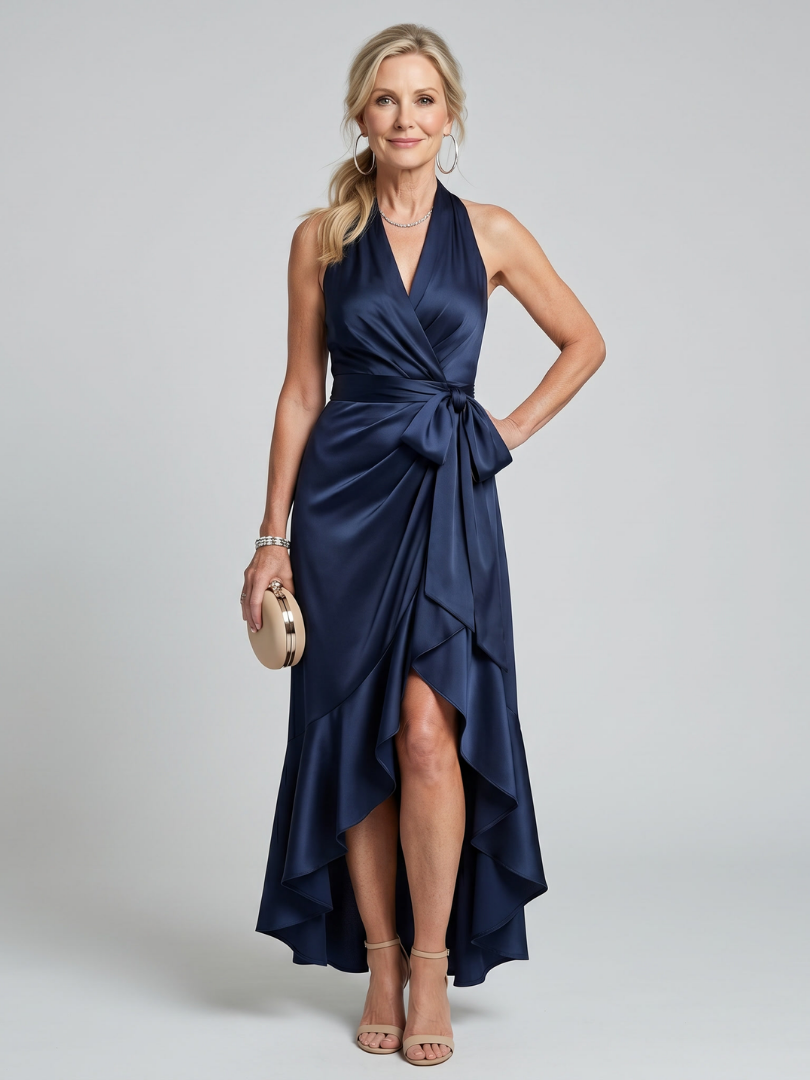 Honora | Asymmetric Hem Midi Dress with Halter Neck Wrap