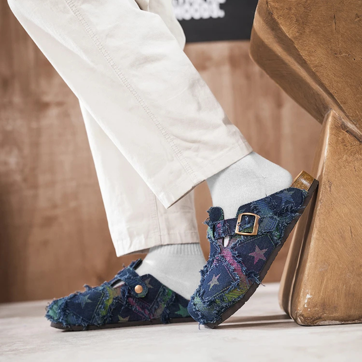 Cosmic Distressed Denim Mules
