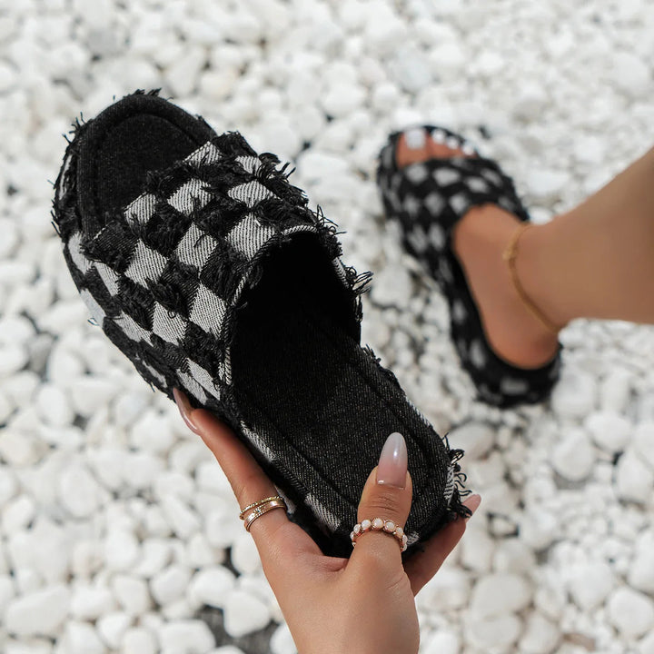 Check Denim Platform Sandal