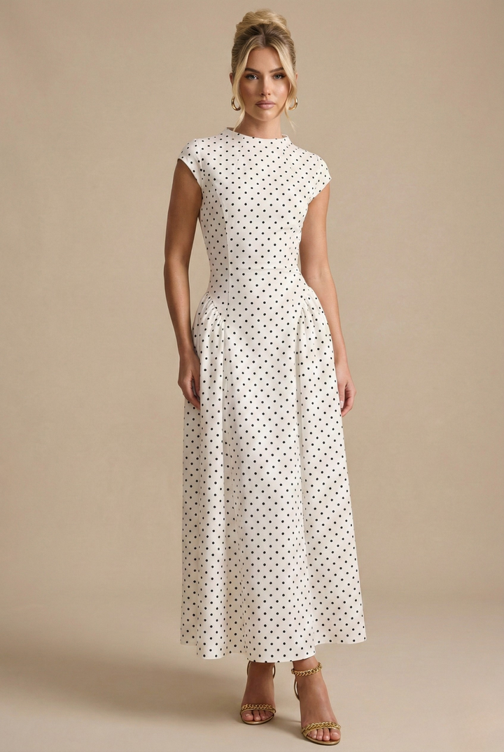 Women's White Polka Dot Maxi Dress - Cap Sleeve Pleated A-Line Skirt
