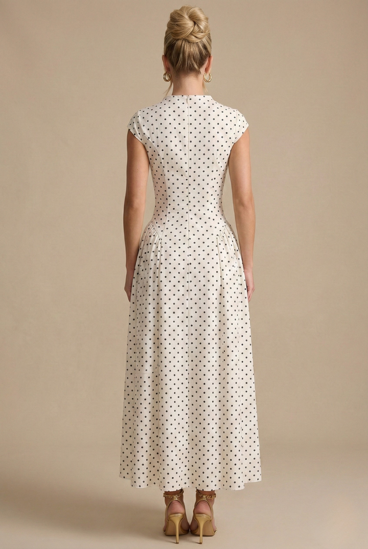 Women's White Polka Dot Maxi Dress - Cap Sleeve Pleated A-Line Skirt