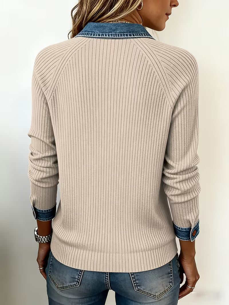 Denim-Edge Ribbed Knit Polo