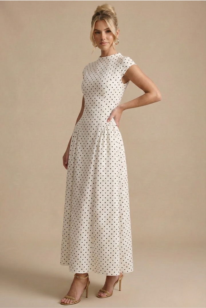 Women's White Polka Dot Maxi Dress - Cap Sleeve Pleated A-Line Skirt