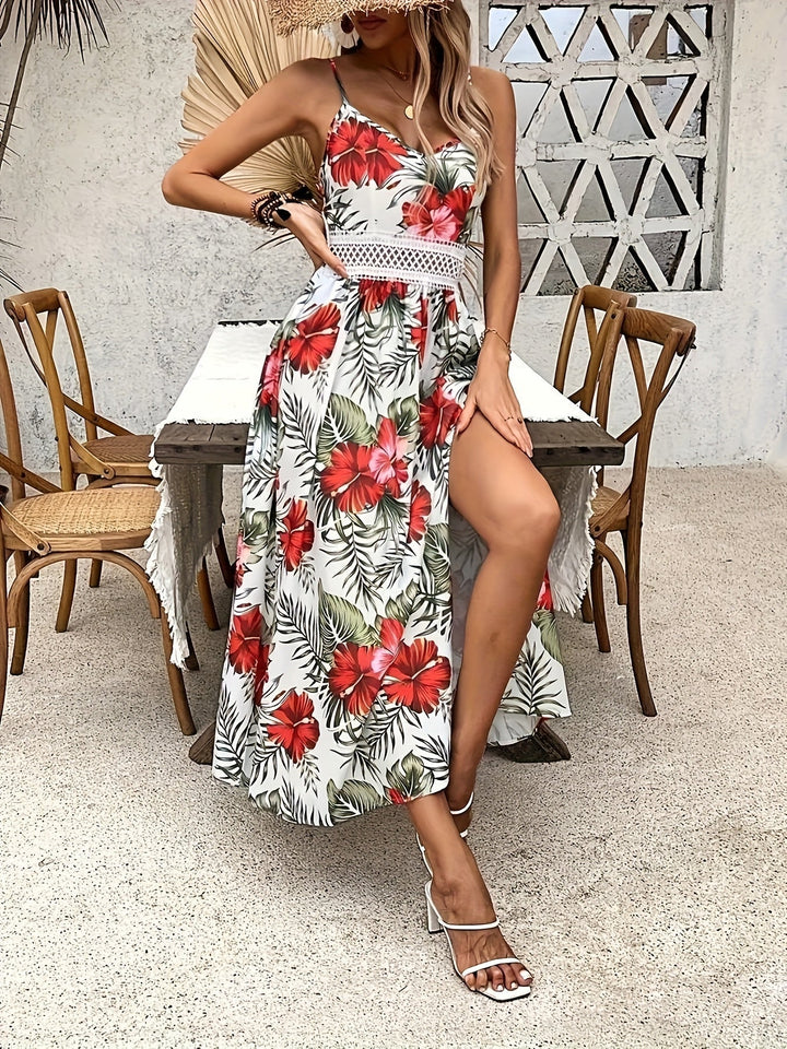 Women's Floral Maxi Dress - V-Neck Spaghetti Strap - Crochet Waist