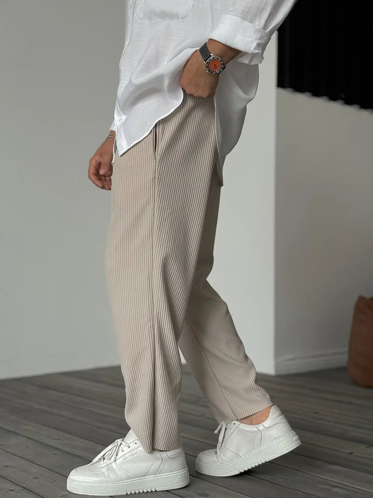 Men's Ribbed Straight Leg Pants - Elasticated Waist - Smart Casual