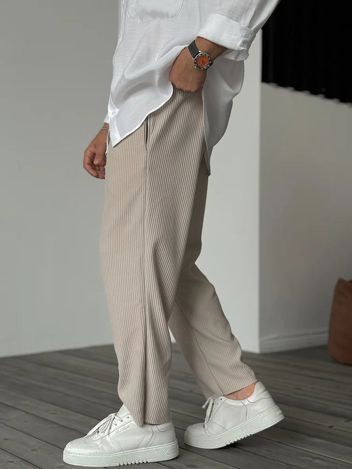 Men's Ribbed Straight Leg Pants - Elasticated Waist - Smart Casual