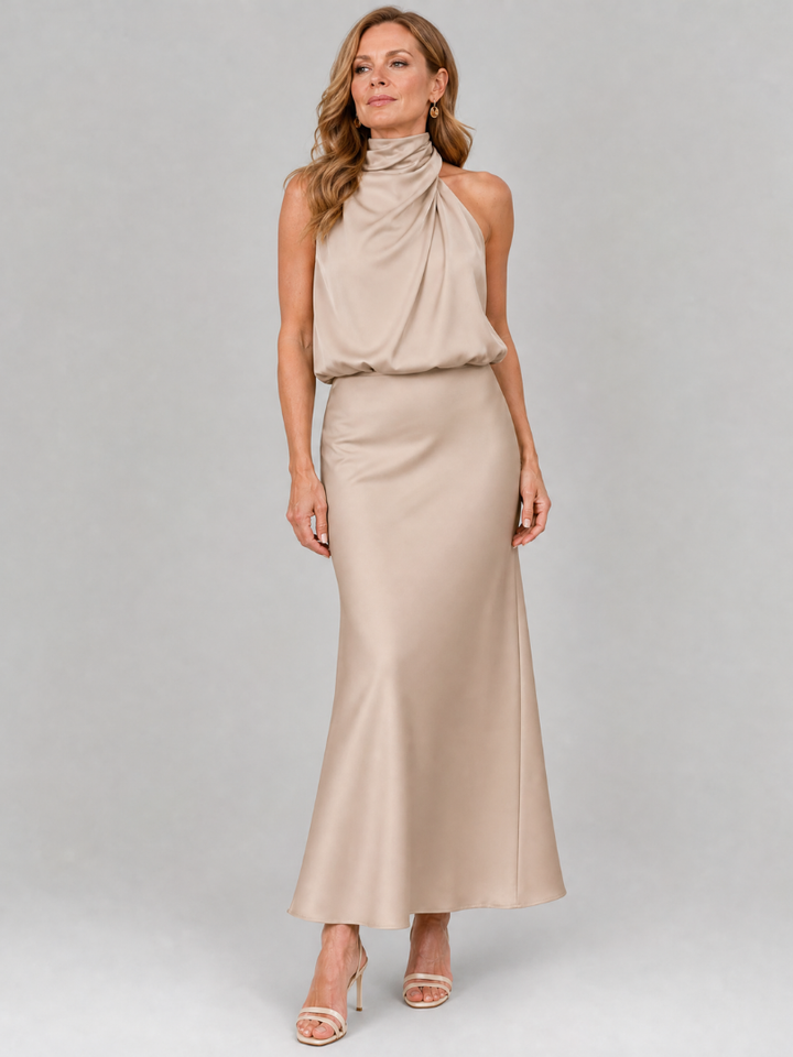 Nopal | Sleeveless Midi Dress with Draped Neckline