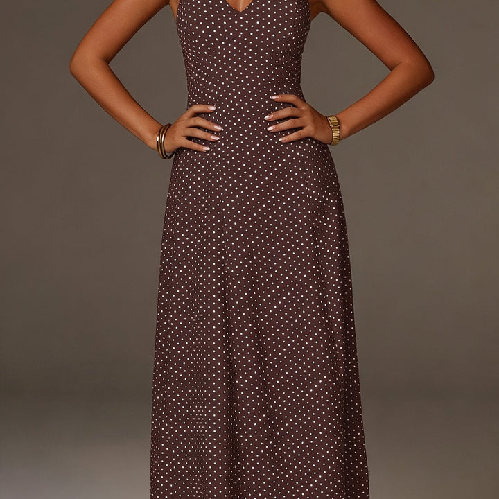 Women's Halter Neck Polka Dot Maxi Dress - Coffee Brown