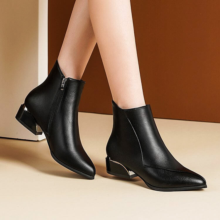 Women's Ankle Boots - Pointed Toe Side Zip Boot with Metal Block Heel
