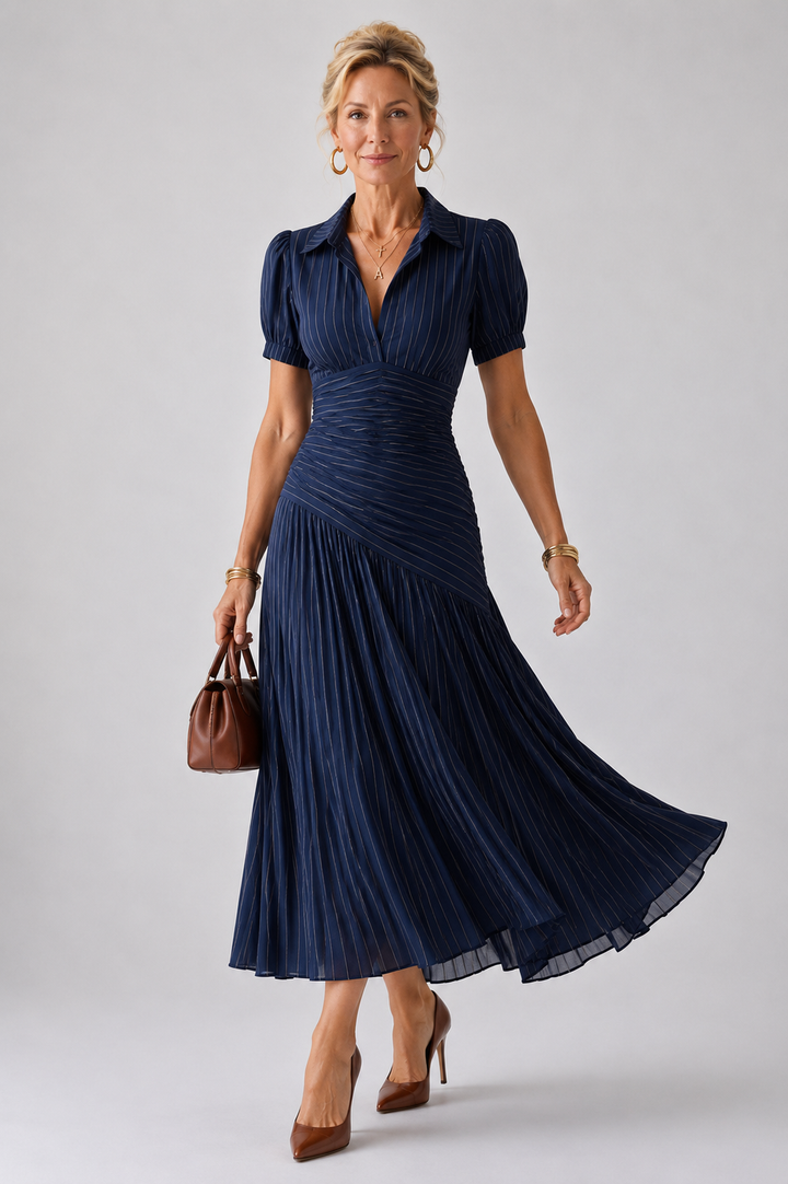 Bella | Striped Midi Dress with Pleated Waist