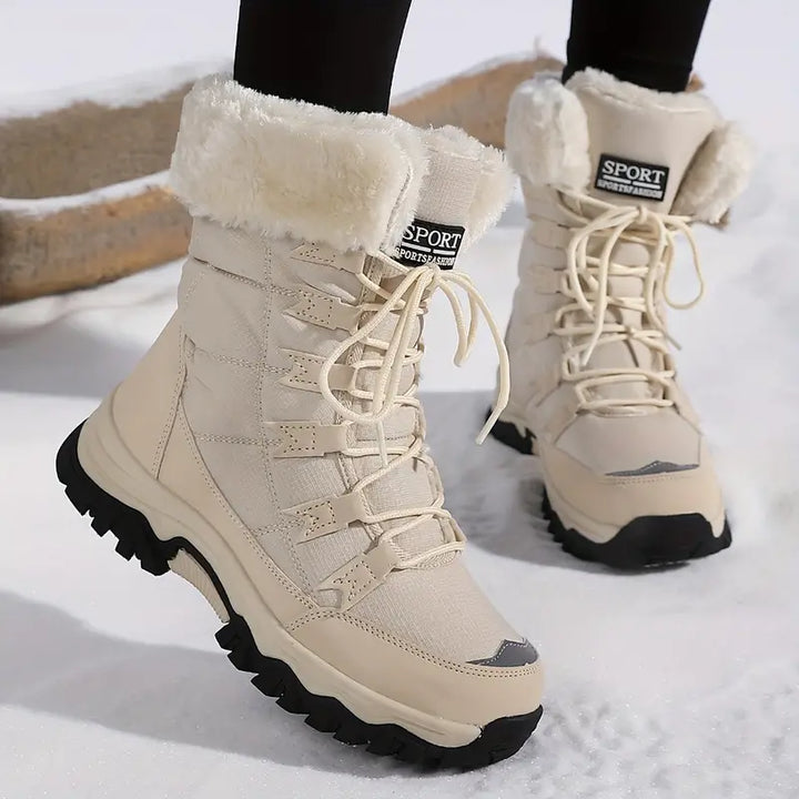 Women's Mid-Calf Snow Boots - Lace-Up - Faux Fur Cuff - Lugged Outsole - Panelled Upper