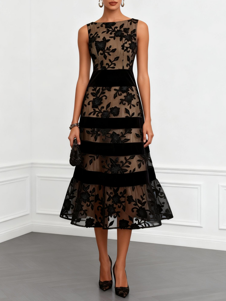 Floral Mesh A-Line Midi Dress in Black with Sleeveless Design