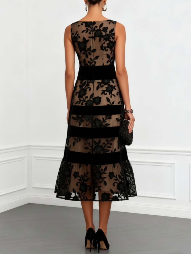 Floral Mesh A-Line Midi Dress in Black with Sleeveless Design