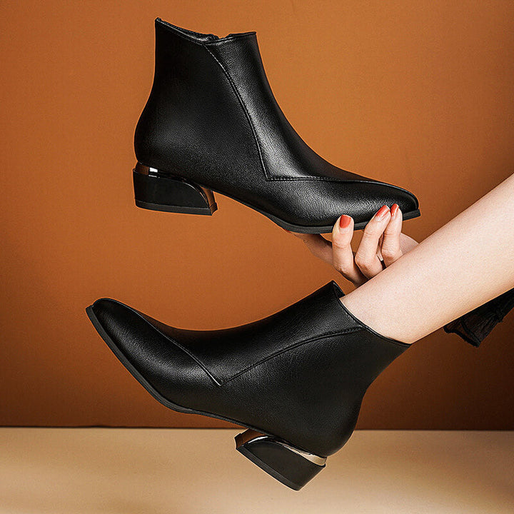 Women's Ankle Boots - Pointed Toe Side Zip Boot with Metal Block Heel
