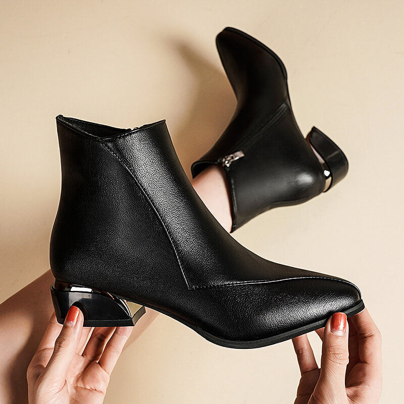 Women's Ankle Boots - Pointed Toe Side Zip Boot with Metal Block Heel