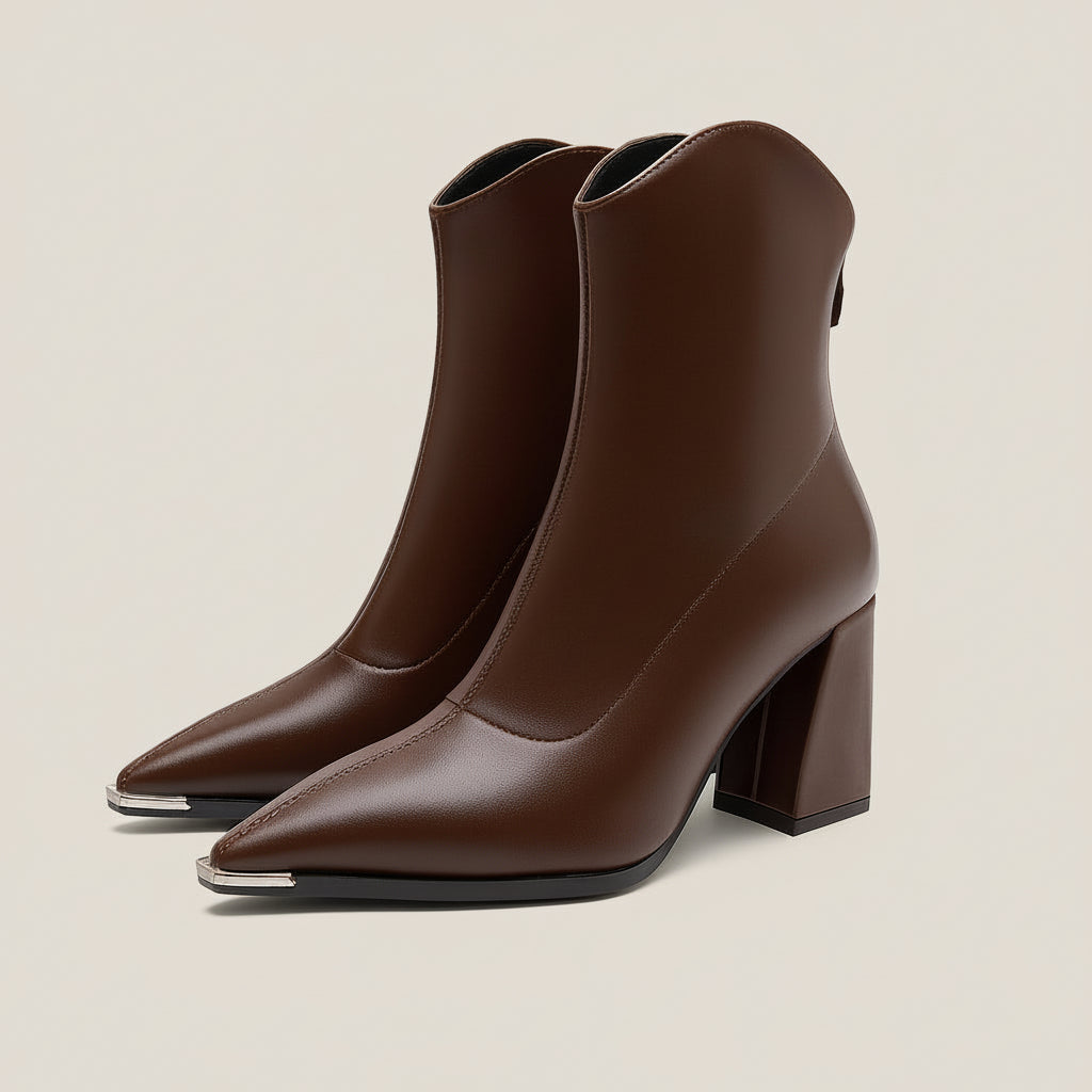 Women’s Pointed Toe Ankle Boots with Side Zip Closure and Block Heel